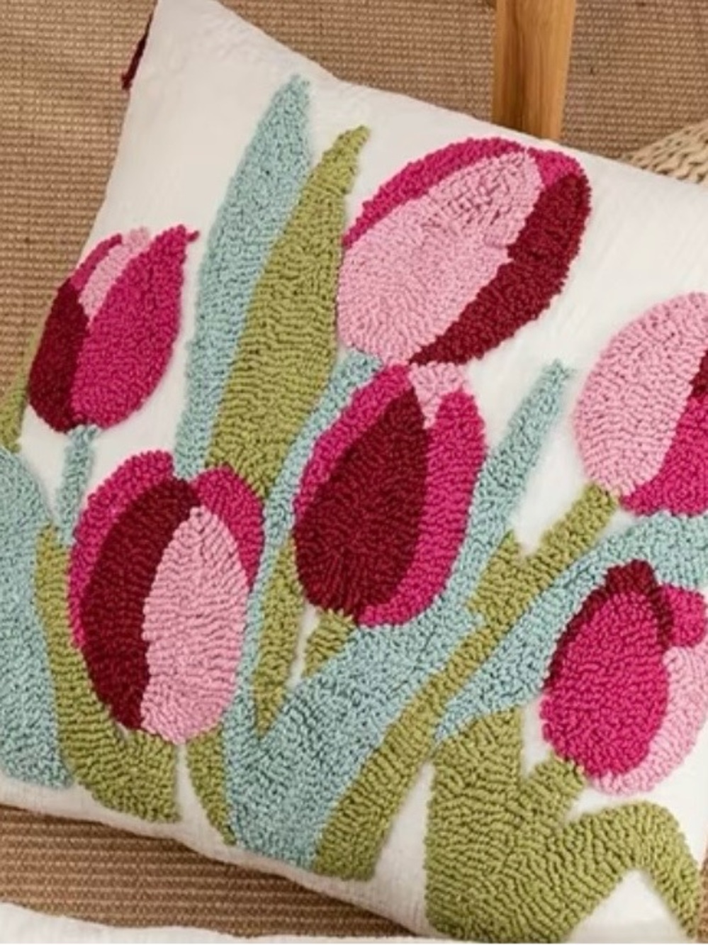 Floral Tulip Hooked Accent Pillow in Pink and Green